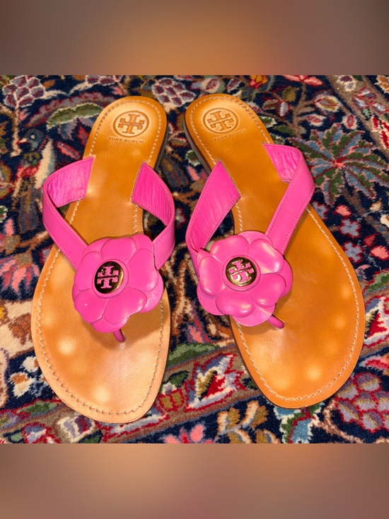 Tory Burch Shoes - Tory Burch Pink Leather Breeley Floral Flip Flop Sandals 10 M